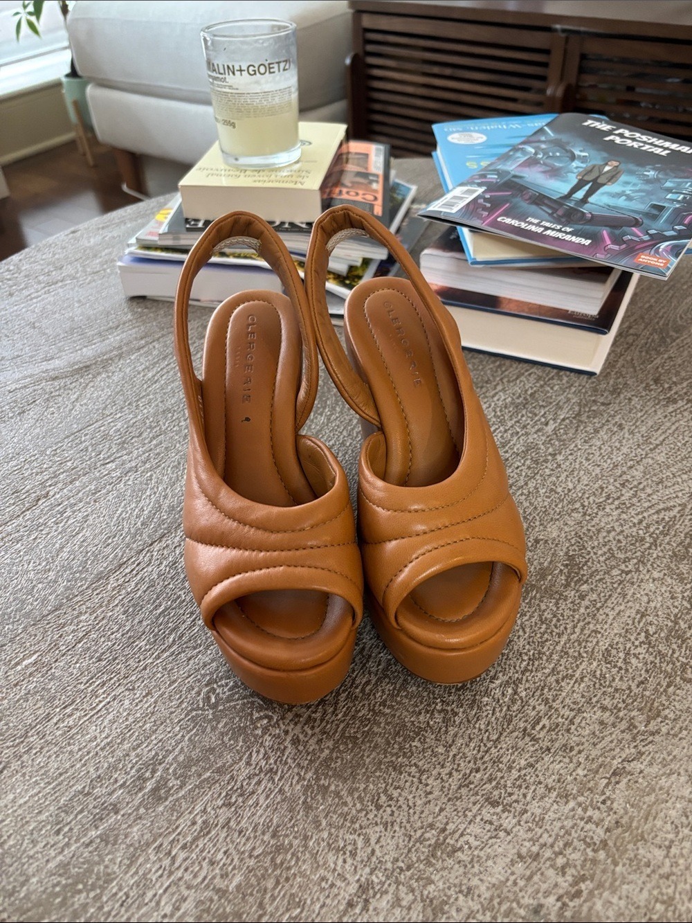 Robert Clergerie Cognac Leather Padded Platform Slingback Sandals